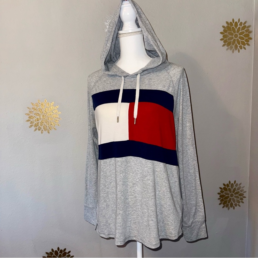 Tommy Hilfiger Sport Gray Red Blue L/S T-Shirt Hoodie 90’s Y2K Ladie’s Small